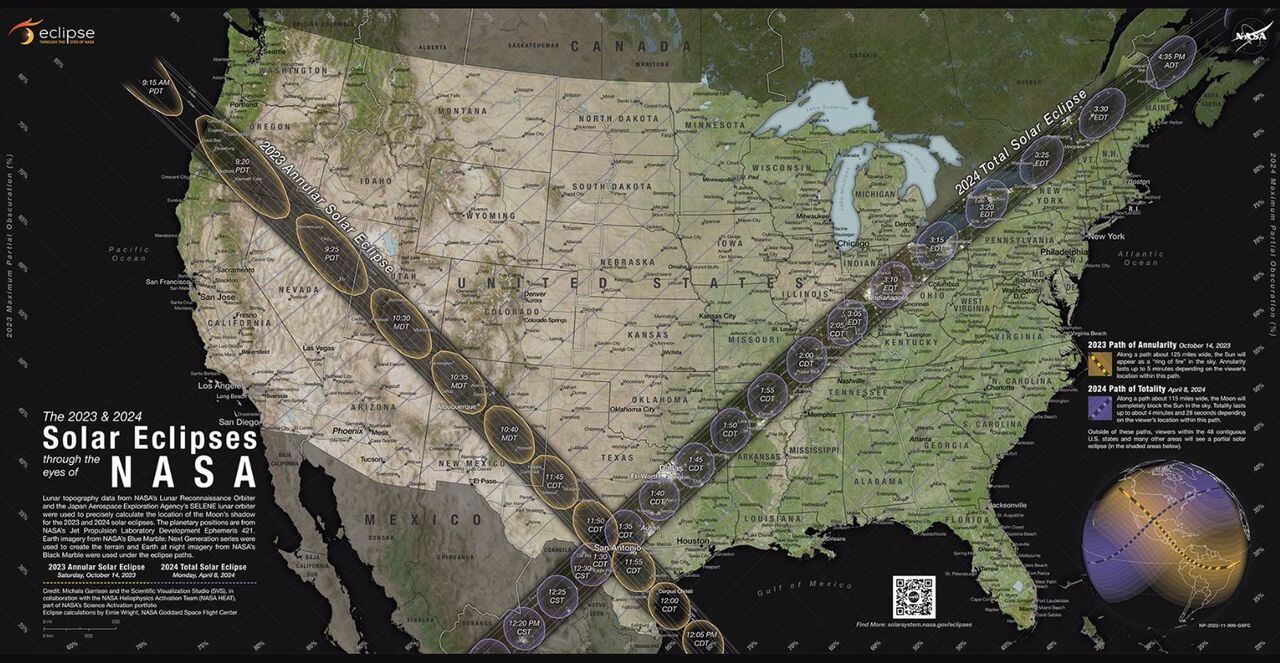 Este mapa detalla la trayectoria que tomará la sombra de la Luna cuando cruce los Estados Unidos contiguos durante el eclipse solar anular del 14 de octubre de 2023.