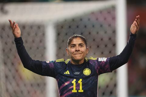Catalina Usme de Colombia celebra durante el partido de fútbol de octavos de final de la Copa Mundial Femenina entre Jamaica y Colombia en Melbourne, Australia, el martes 8 de agosto de 2023. (Foto AP/Hamish Blair)