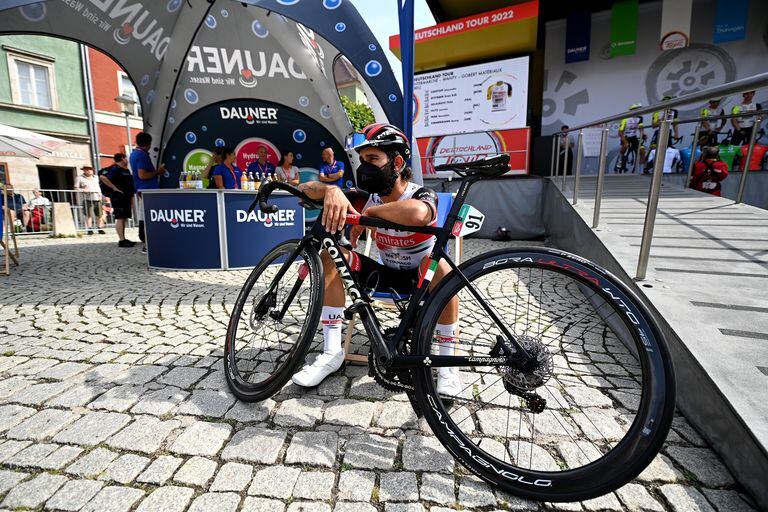 MEININGEN, GERMANY - AUGUST 25: Fernando Gaviria Rendon of Colombia and UAE Team Emirates prior to the 37th Deutschland Tour 2022 - Stage 1 a 171,7km stage from Weimar to Meiningen / #DeineTour / on August 25, 2022 in Meiningen, Germany. (Photo by Stuart Franklin/Getty Images,)