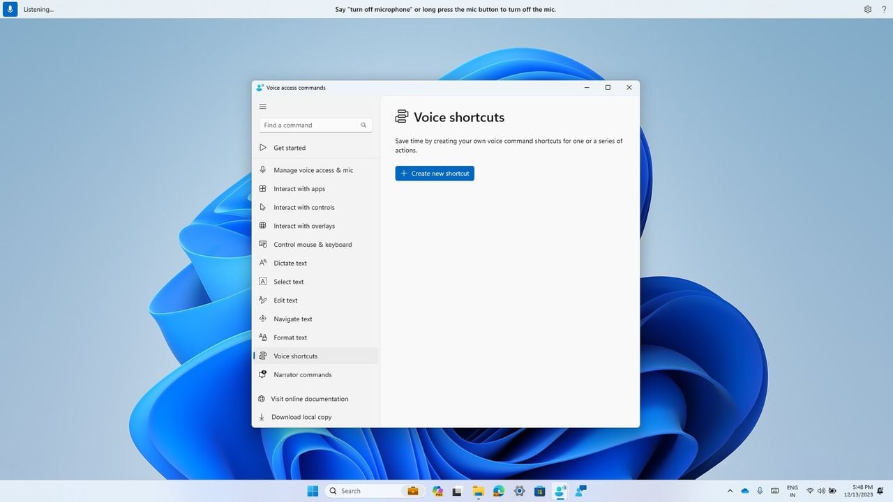 Panel de los atajos de voz personalizados de Windows 11.