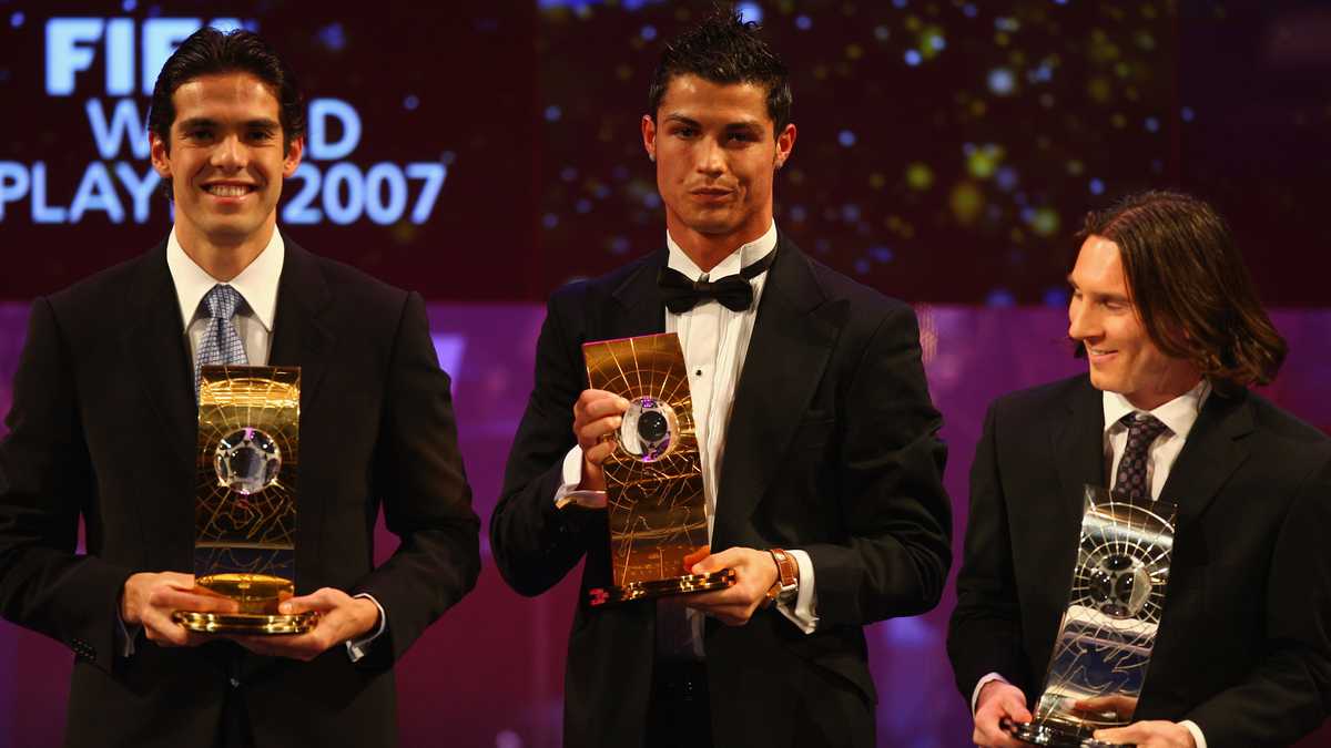 ZURICH, SWITZERLAND - DECEMBER 17:  (L-R) Kaka of AC Milan and Brazil winner of World Player,Cristiano Ronaldo third placed, of Manchester United and Portugal and Lionel Messi runner up of Barcelona and Argentina pose with their awards during the FIFA World Player of The Year Gala 2007 at the Zurich Opera House on December 17, 2007 in Zurich, Switzerland.  (Photo by Michael Steele/Getty Images)