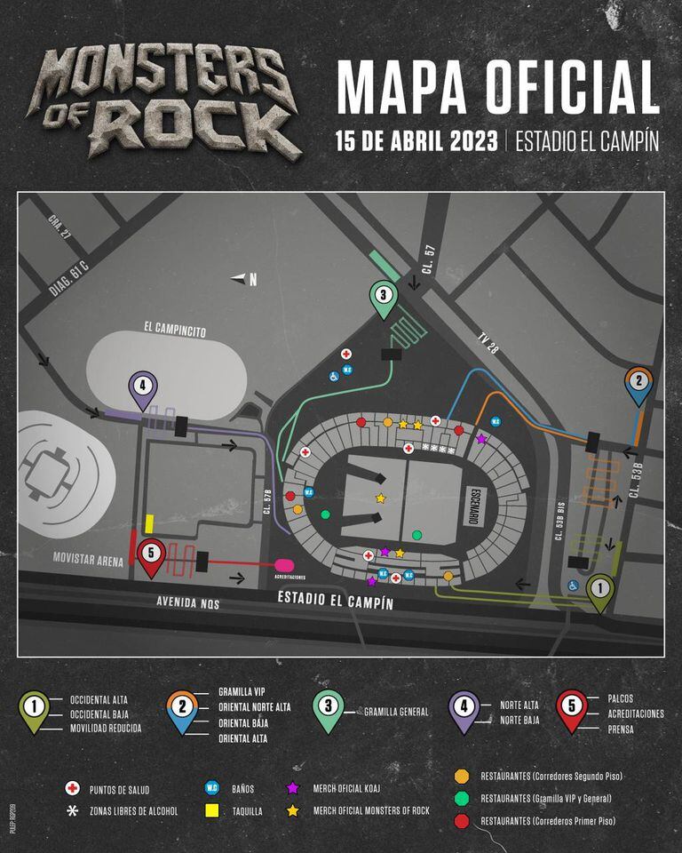 Mapa de accesos, Monsters of Rock, abril 15 de 2023.