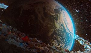 Ilustración de cómo luciría la Tierra con anillos de basura espacial
