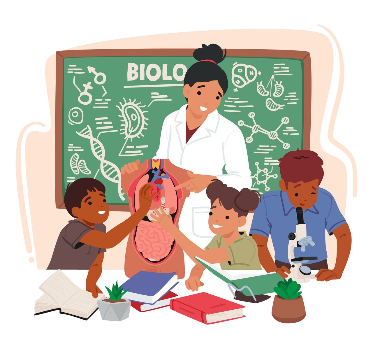 Passionate Biology Teacher Engages Curious Kids In Classroom, Fostering A Love For Science As They Explore The Wonders Of Life Through Interactive Lessons And Hands-on Experiments. Vector Illustration