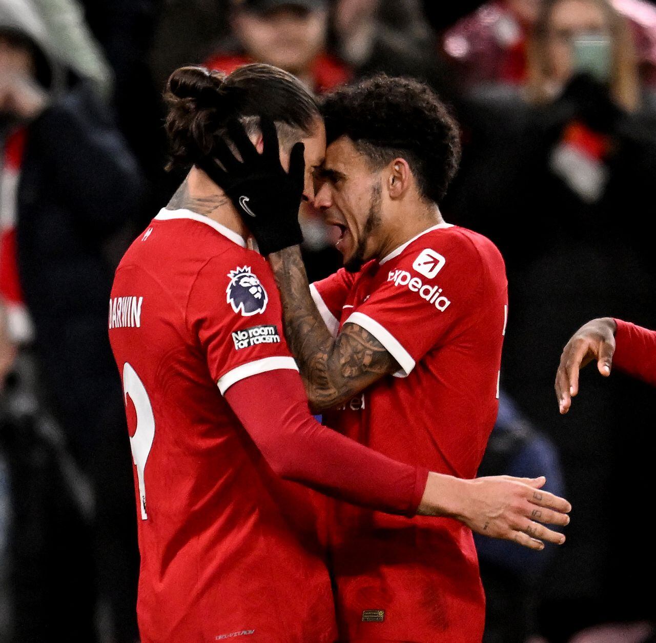 LIVERPOOL, ENGLAND - JANUARY 31: (THE SUN OUT, THE SUN ON SUNDAY OUT) Luis Diaz of Liverpool celebrates after scoring the fourth goal with Darwin Nunez of Liverpool during the Premier League match between Liverpool FC and Chelsea FC at Anfield on January 31, 2024 in Liverpool, England. (Photo by Andrew Powell/Liverpool FC via Getty Images)