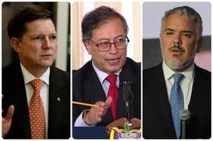 El exministro de Justicia, Wilson Ruiz; el presidente de Colombia, Gustavo Petro; y el exmandatario Iván Duque.