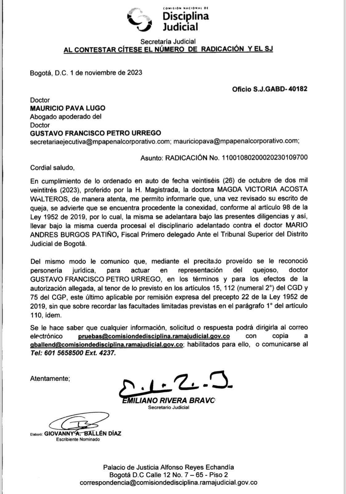 El presidente Gustavo Petro fue reconocido como víctima dentro del proceso contra el fiscal Mario Burgos.