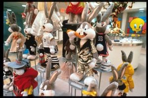 283696 47: A variety of Bugs Bunnies wearing designer clothing is on display at the Warner Bros. Studio store October 23, 1996 in New York City. The store, originally a three floor specialty store, has been redesigned into a nine floor department store with a cafe, interactive attractions, and a screening facility for computer animated 3-D Looney Tunes cartoons under the sponsorship of Michael Jordan. (Photo by Evan Agostini/Liaison)