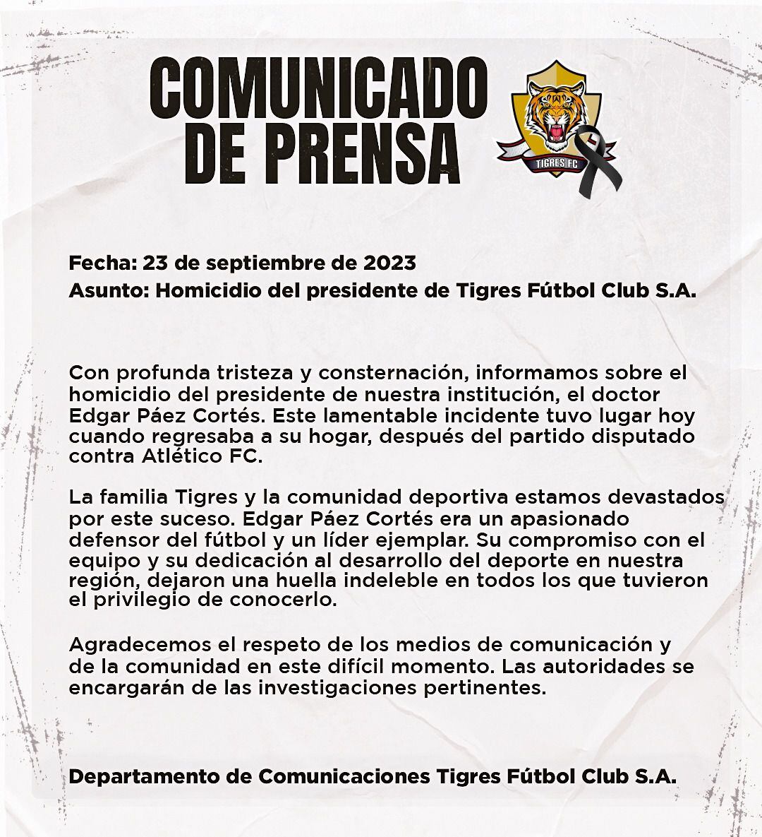 Comunicado de Tigres Fc por la muerte de Páez.