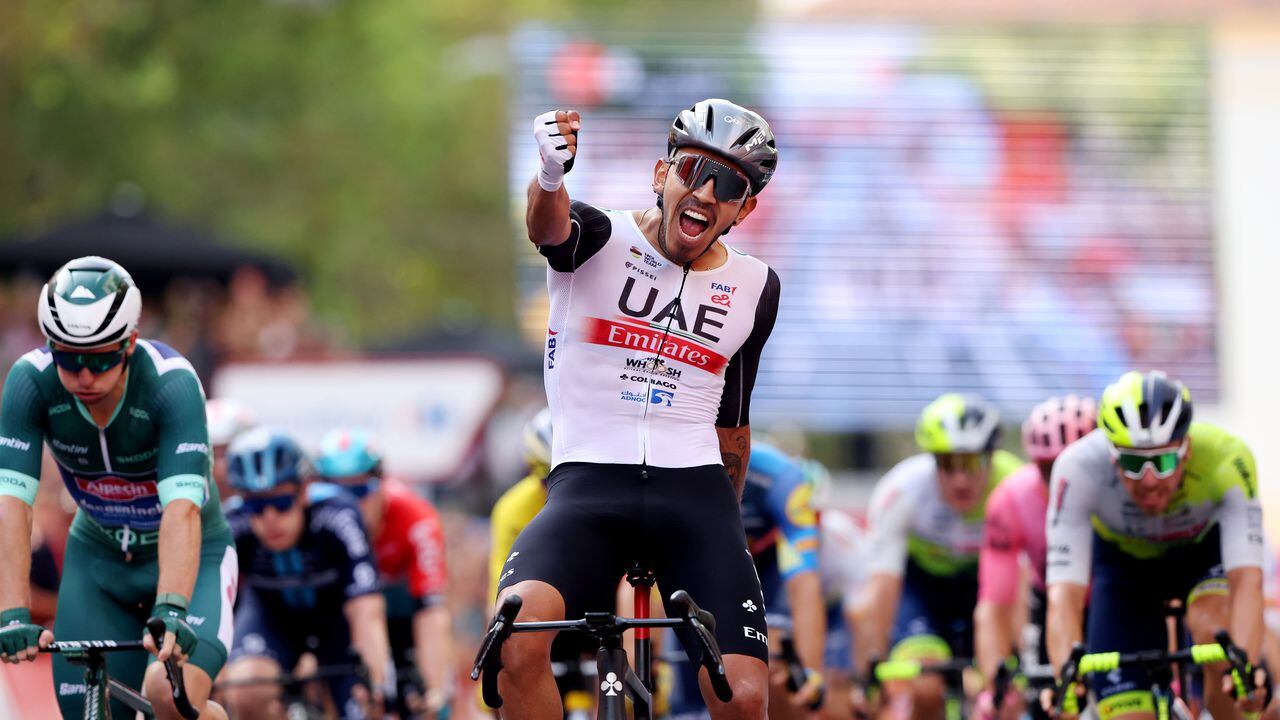 ZARAGOZA, SPAIN - SEPTEMBER 07: Juan Sebastian Molano Benavides of Colombia and UAE Team Emirates celebrates at finish line as stage winner during the 78th Tour of Spain 2023, Stage 12 a 150.6km from Ólvega to Zaragoza / #UCIWT / on September 07, 2023 in Zaragoza, Spain. (Photo by Alexander Hassenstein/Getty Images)
