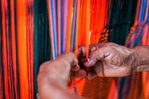 Mujer tejiendo un "chinchorro" o hamaca colombiana, en el pueblo de Uribia. Tejer, tejer y tejer son fundamentales para la vida social y económica de las mujeres Wayuu en La Guajira, Colombia.