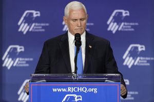 Former Vice President Mike Pence speaks at an annual leadership meeting of the Republican Jewish Coalition, Saturday, Oct. 28, 2023, in Las Vegas. Pence is dropping his bid for the Republican presidential nomination, ending his campaign for the White House. He said in Las Vegas that "after much prayer and deliberation, I have decided to suspend my campaign for president effective today." (AP Photo/John Locher)