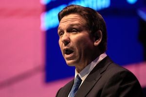Florida Governor Ron DeSantis speaks during a conference titled �Celebrate the Faces of Israel� at Jerusalem's Museum of Tolerance, on April 27, 2023. (Photo by Maya Alleruzzo / POOL / AFP)