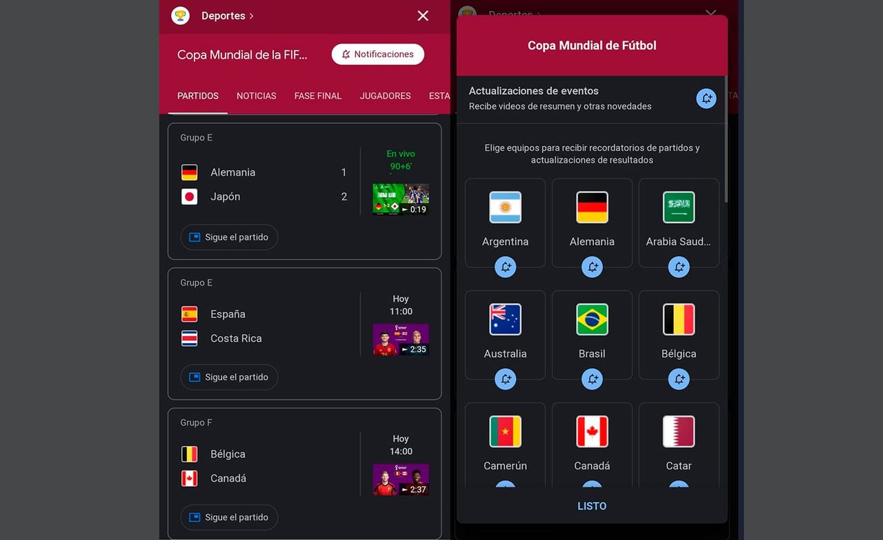 Google permite generar notificaciones sobre los partidos de Qatar 2022.