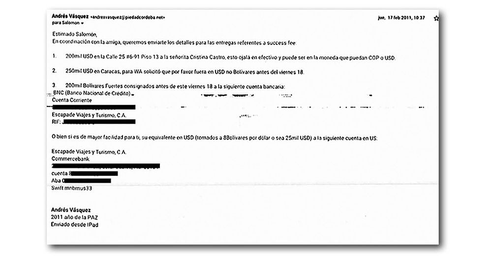     Este es el correo enviado por el testigo Andrés Vásquez al empresario Salomón, quien dice que “junto con la amiga” le da detalles de cómo entregar más de 500.000 dólares.