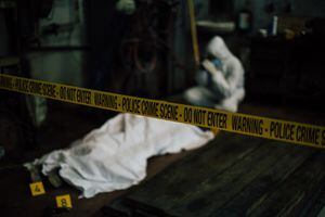 A blurred image of a forensic investigating a crime scene - covered dead body and evidence