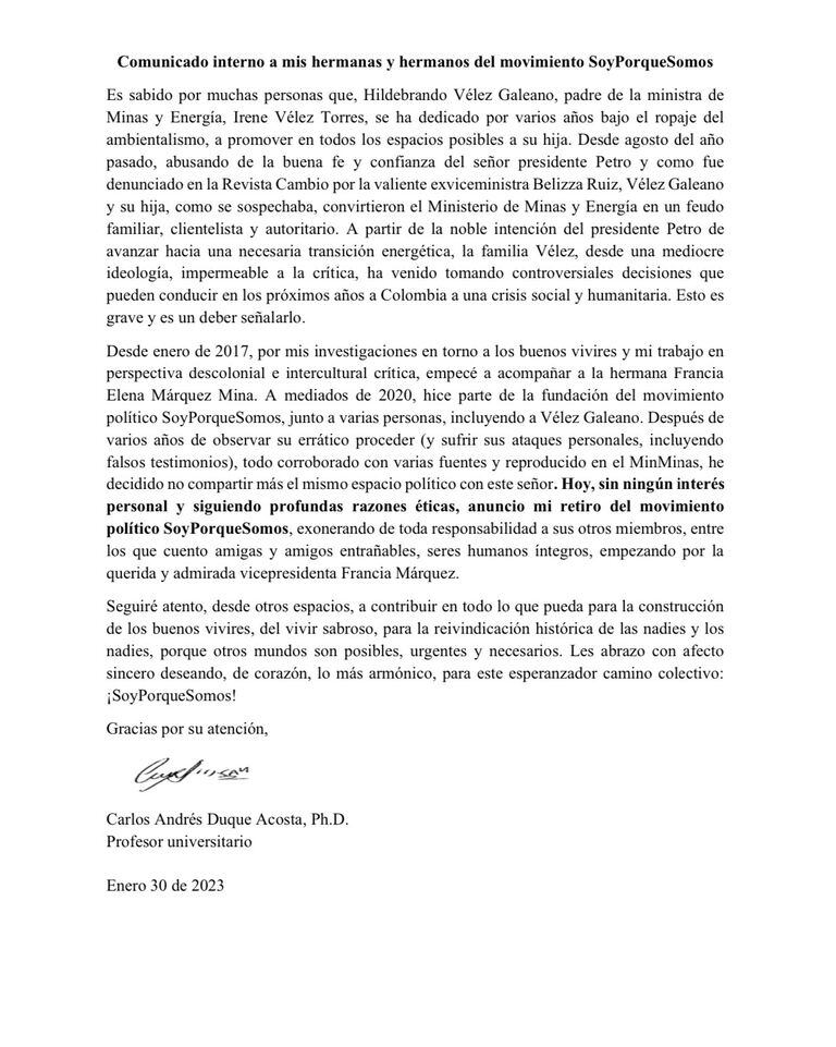 La carta de retiro de Soy Porque Somos de Carlos Andrés Duque Acosta.
