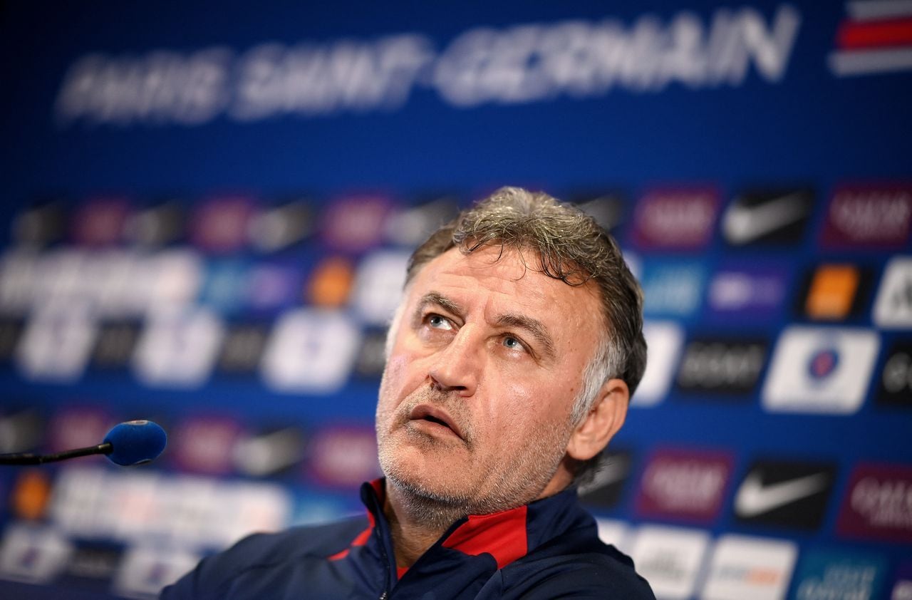 Paris Saint-Germain's French head coach Christophe Galtier addresses a PSG press conference in Saint-Germain-en-Laye, in the north-western outskirts of Paris, on May 12, 2023, on the eve of the L1 football match against Ajaccio. (Photo by FRANCK FIFE / AFP)