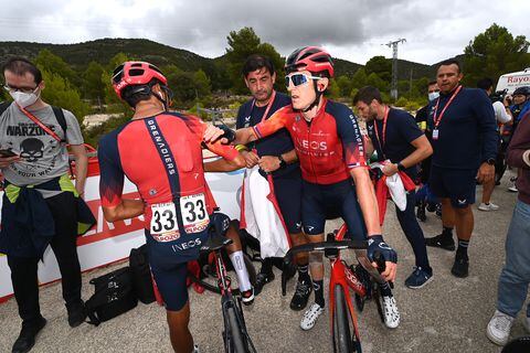 XORRET DE CATÍ. COSTA BLANCA INTERIOR, SPAIN - SEPTEMBER 02: (L-R) Egan Bernal of Colombia and Geraint Thomas of The United Kingdom and Team INEOS Grenadiers react after the 78th Tour of Spain 2023, Stage 8 a 165km stage from Dénia to Xorret de Catí. Costa Blanca Interior 905m / #UCIWT / on September 02, 2023 in Xorret de Catí. Costa Blanca Interior, Spain. (Photo by Tim de Waele/Getty Images)