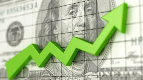 Success business chart with green arrow up and USA dollars background. Profit and money. Financial and business graph. Stock market growth 3d illustration.
