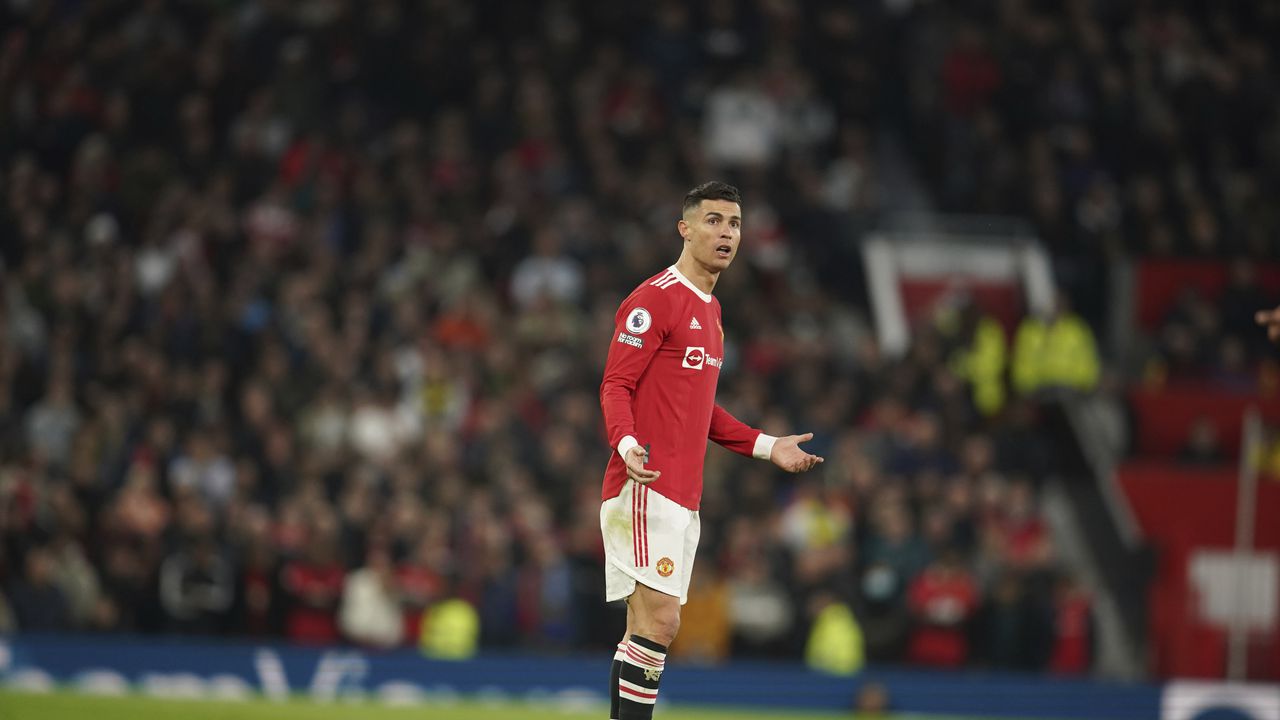 Manchester United's Cristiano Ronaldo gestures during the English Premier League soccer match between Manchester United and Chelsea, at Old Trafford Stadium, Manchester, England, Thursday, April, 2022. (AP Photo/Dave Thompson)