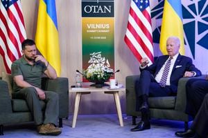 President Joe Biden, right, speaks during a meeting with Ukraine's President Volodymyr Zelenskyy, left, on the sidelines of the NATO summit in Vilnius, Lithuania, Wednesday, July 12, 2023. (AP Photo/Susan Walsh)