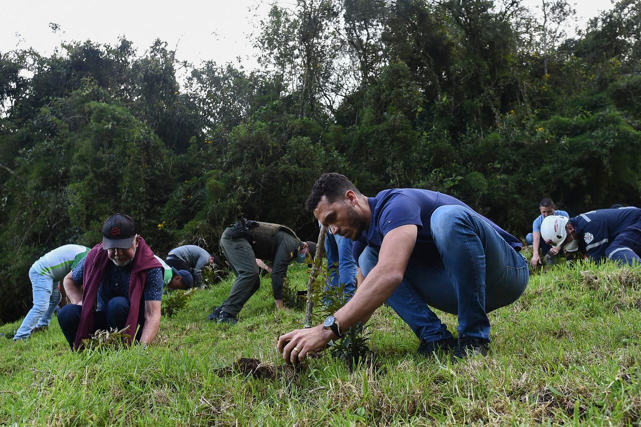 Former Brazilian football player Helio Neto (R) -a survivor of the Lamia flight 2933 plane crash that wiped out Brazilian football club Chapecoense- plants a tree in tribute to the victims of the accidente at the Chapeco hill, on the fifth anniversary of the accident, near La Union, in Antioquia Department, Colombia, on December 1, 2021. - The plane was flying Chapecoense to Medellin to take on Atletico Nacional in the Copa Sudamericana finals -- the biggest and most unexpected game in the Brazilian team's history. When the plane ran out of fuel and went down in inhospitable mountains near its destination, 71 of the 77 aboard died, including 19 players. (Photo by JOAQUIN SARMIENTO / AFP)