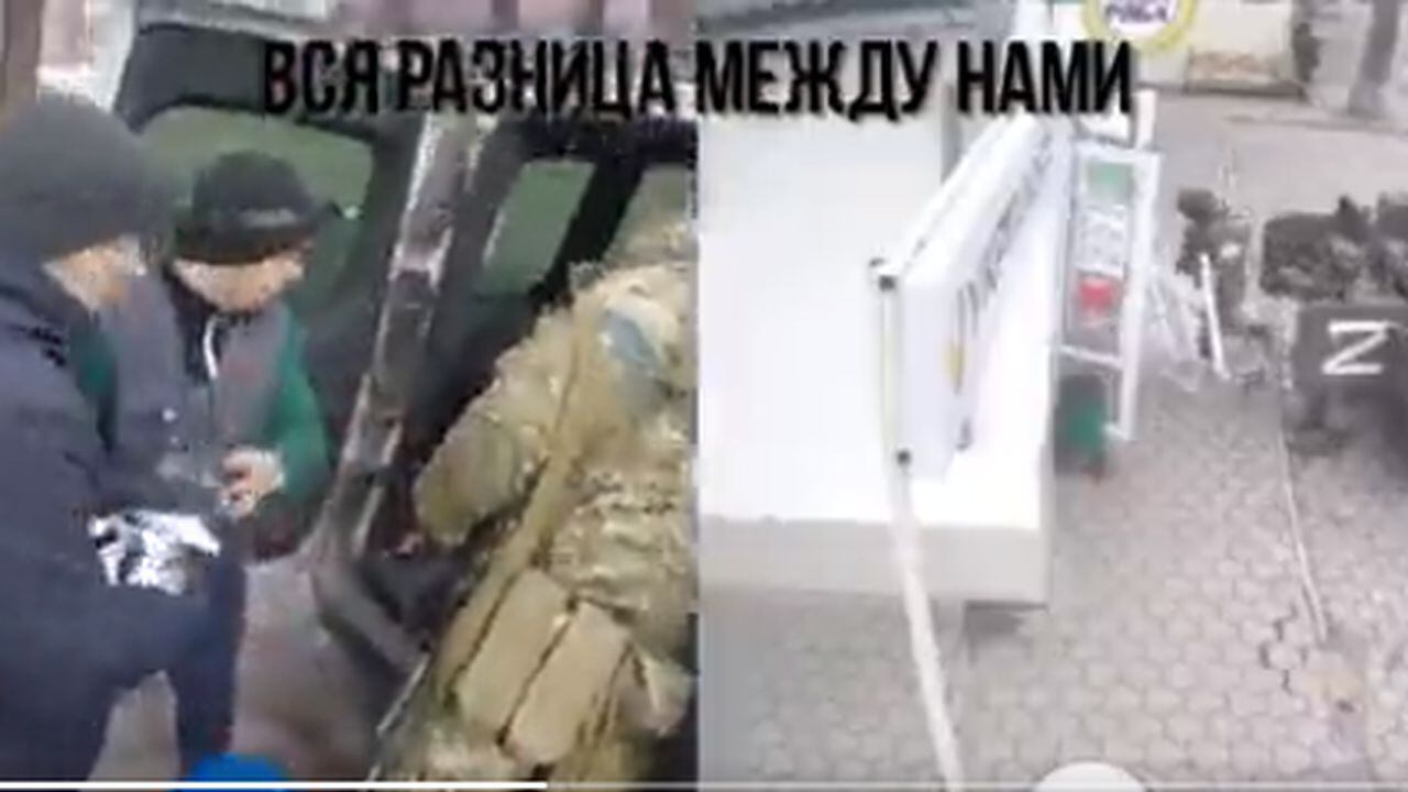 En el video de establece una comparación entre las supuestas conductas desde cada bando: mientras que los soldados ucranianos reparten provisiones a los ciudadanos, las tropas rusas saquean almacenes.
