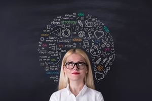 Business woman brain hemisphere on the blackboard