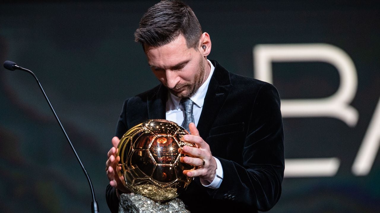 PARIS, Dec. 3, 2019  -- Barcelona's Argentinian forward Lionel Messi reacts with the trophy during the Ballon d'Or 2019 awards ceremony at the Theatre du Chatelet in Paris, France, Dec. 2, 2019. (Photo by Aurelien Morissard/Xinhua via Getty) (Xinhua/ via Getty Images)