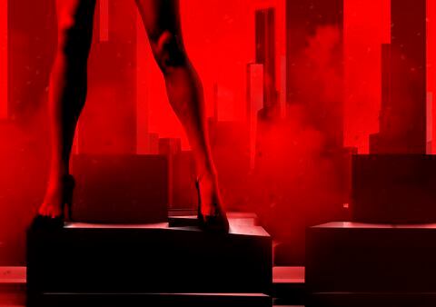3d render noir illustration of sexy lady legs on high heels standing on on styled red and black cityscape.