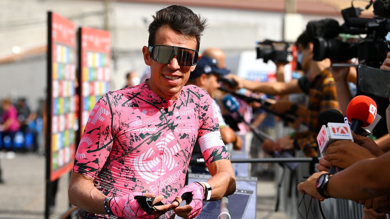 TRUJILLO, SPAIN - SEPTEMBER 08: Rigoberto Uran Uran of Colombia and Team EF Education - Easypost speaks to the media press prior to the 77th Tour of Spain 2022, Stage 18 a 192km stage from Trujillo to Alto del Piornal 1163m / #LaVuelta22 / #WorldTour / on September 08, 2022 in Alto del Piornal, Caceres, Spain. (Photo by Tim de Waele/Getty Images)