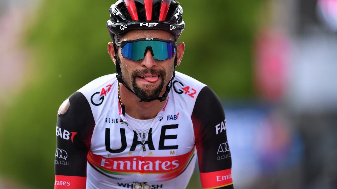 GUARDIA SANFRAMONDI, ITALY - MAY 15: Fernando Gaviria Rendon of Colombia and UAE Team Emirates at arrival during the 104th Giro d'Italia 2021, Stage 8 a 170km stage from Foggia to Guardia Sanframondi 455m / @girodiitalia / #Giro / #UCIworldtour / on May 15, 2021 in Guardia Sanframondi, Italy. (Photo by Stuart Franklin/Getty Images)
