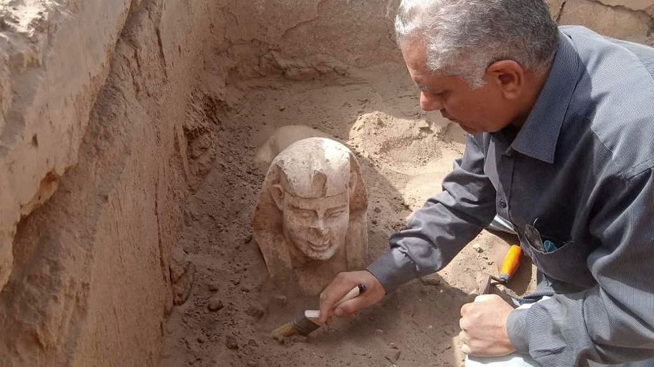 Una imagen publicada por el Ministerio de Antigüedades de Egipto el 6 de marzo de 2023 muestra a un trabajador desenterrando una estatua de la esfinge, cerca del Templo de Dendera, en la gobernación de Qina (Qena). Foto del Ministerio de Antigüedades de Egipto / AFP)