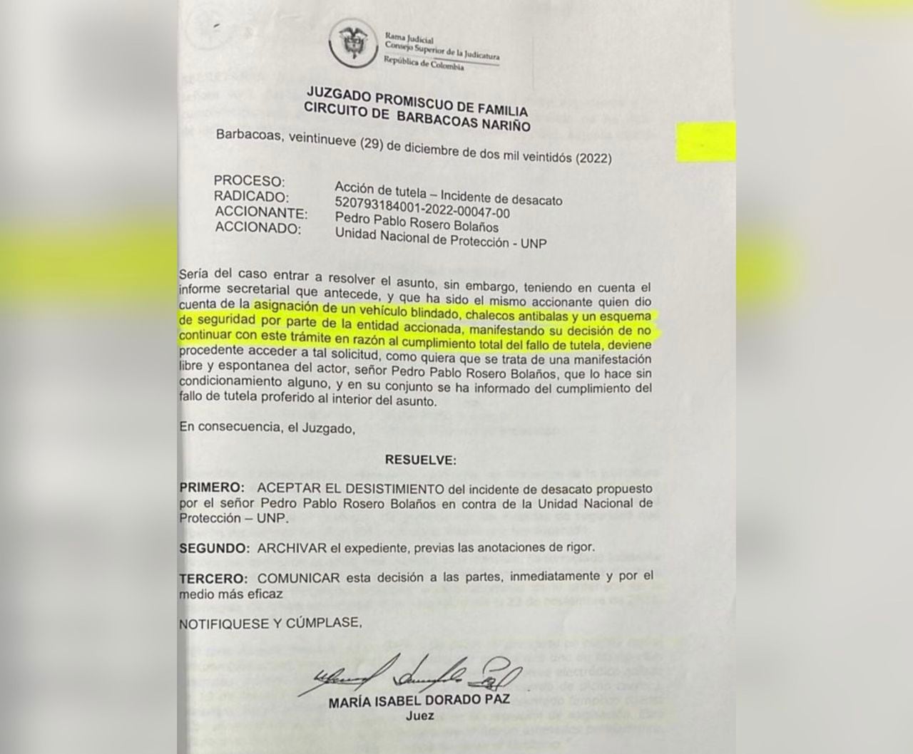 Documento del Juzgado Promiscuo de Familia del Circuito de Barbacoas de desistimiento de la tutela contra la UNP.