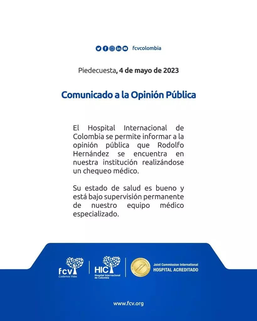 Primer parte médico de la salud de Rodolfo Hernández.