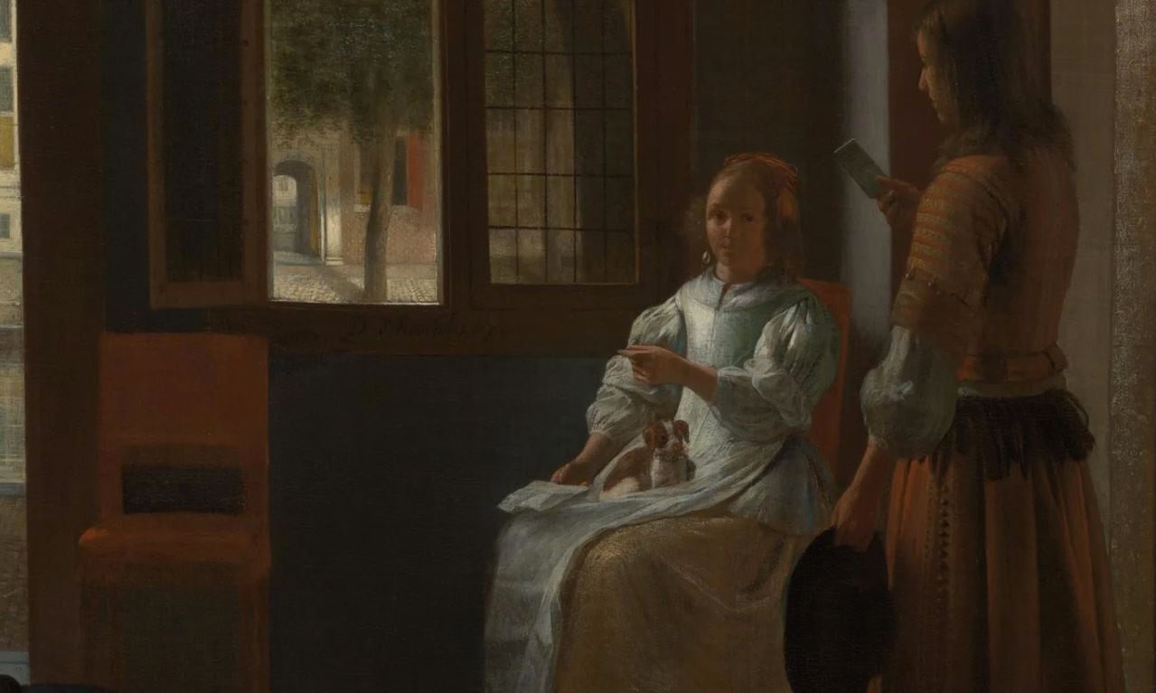 Esta es una parte del cuadro 'Un hombre entregando una carta a una mujer en un recibidor', de Pieter de Hooch.