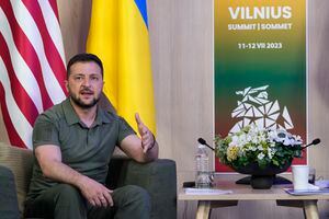 Ukraine's President Volodymyr Zelenskyy speaks as he meets with President Joe Biden on the sidelines of the NATO summit in Vilnius, Lithuania, Wednesday, July 12, 2023. (AP Photo/Susan Walsh)