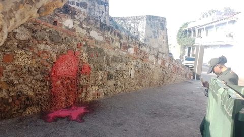 El hombre manchó la muralla con pintura de color rosado oscuro