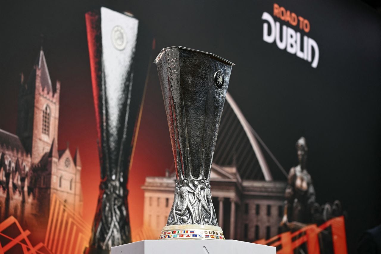 The trophy is displayed ahead of the 2023-2024 UEFA Europa League football tournament quarter-finals and semi-finals draw at the House of European Football in Nyon, on March 15, 2024. (Photo by Fabrice COFFRINI / AFP)