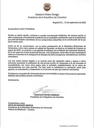 Carta presidente Gustavo Petro a Nicolás Maduro