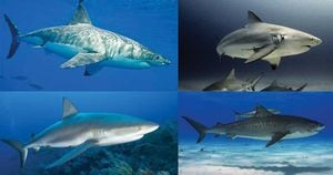 Arriba: tiburón blanco y tiburón toro. Abajo: tiburón de arrecife y tiburón tigre. 