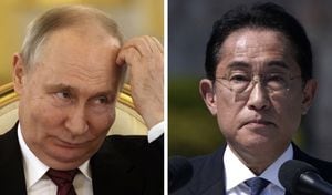 El presidente de Rusia, Vladimir Putin y el primer ministro de Japón, Fumio Kishida