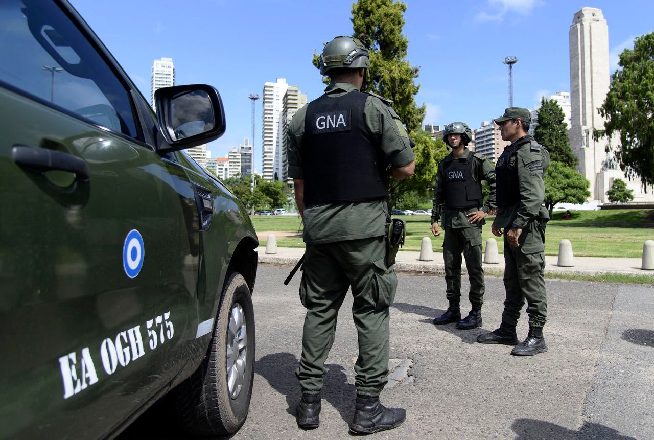 Members of the federal forces and army material are presented as logistical support for the fight against drug trafficking at the National Flag Monument in Rosario, Argentina, on March 19, 2024. (Photo by STRINGER / AFP)