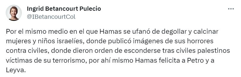 En su mensaje, Betancourt critica el canal de Telegram utilizado por Hamas para expresar su agradecimiento al presidente colombiano Gustavo Petro y al canciller Álvaro Leyva.