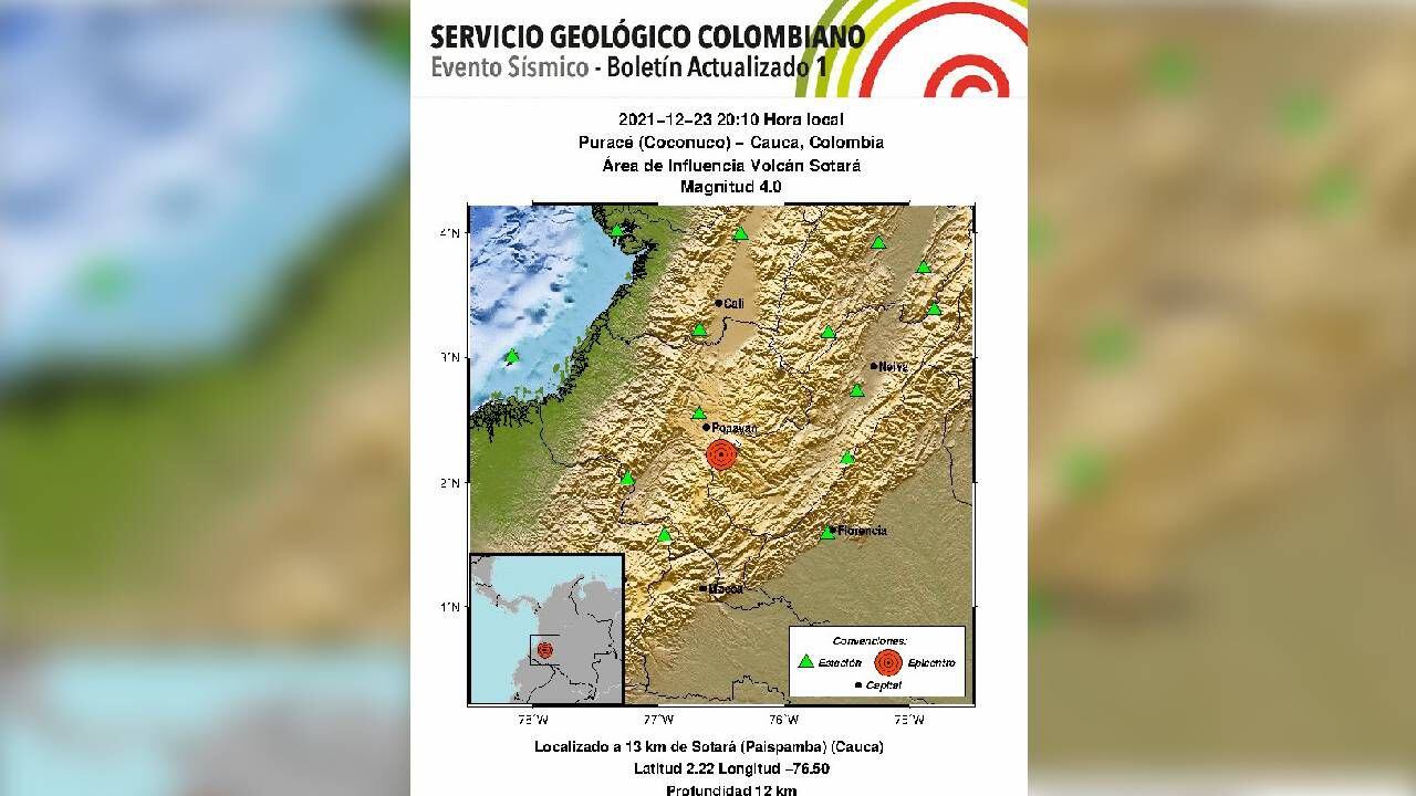 El sismo tuvo como epicentro el municipio de Puracé en Cauca. Foto: Twitter @sgcol.