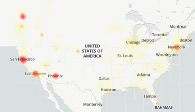 Este mapa de calor muestra dónde se concentran los informes de problemas enviados por los usuarios durante las últimas 24 horas