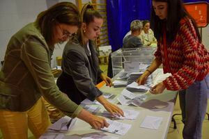 Election officials count votes at a polling station for the regional elections, in Pamplona, northern Spain, Sunday, May 28, 2023. (AP Photo/Alvaro Barrientos)