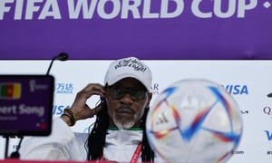 Soccer Football - FIFA World Cup Qatar 2022 - Cameroon Press Conference - Main Media Center, Doha, Qatar - November 23, 2022 Cameroon coach Rigobert Song during the press conference REUTERS/Suhaib Salem