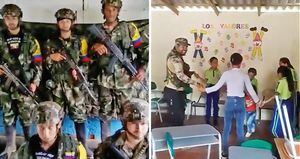 En redes sociales, se popularizaron estas imágenes de disidentes en escuelas de Antioquia realizando supuesto trabajo social con los niños. En algunas regiones estarían reclutando a jóvenes de 12 años en adelante.